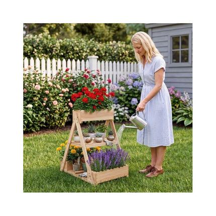 3-Tier Raised Garden Bed with 3 Planter Boxes and 2 Shelves, Fir Wood, Natural