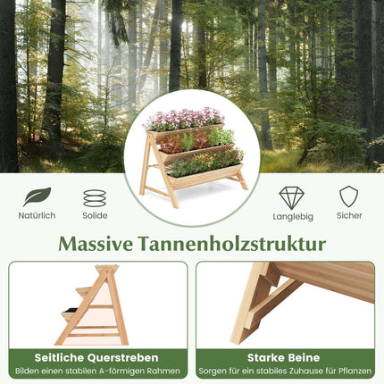 Trīs līmeņu koka paaugstināta dārza dobe ar plauktu un āķiem