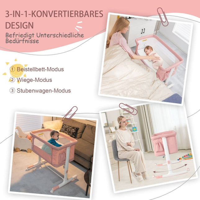 3-vienā regulējama bērnu gultiņa un šūpulītis pie gultas, rozā