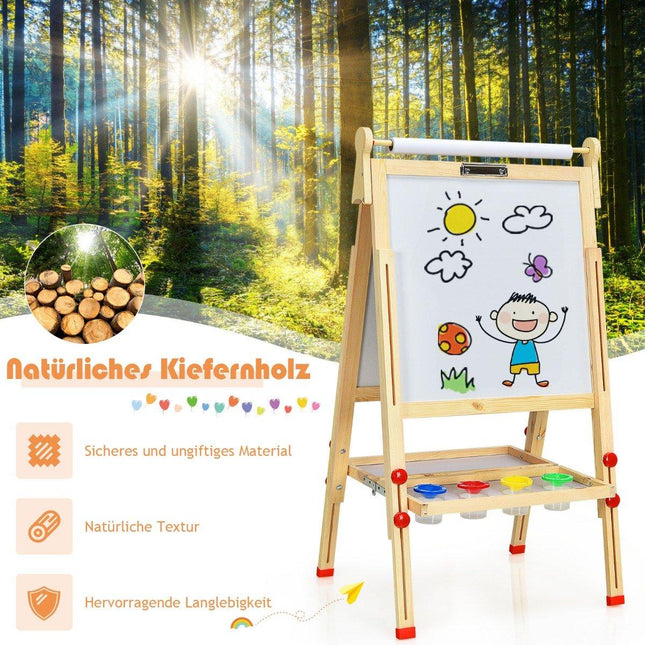 3 in 1 Children's Double-Sided Wooden Easel with Whiteboard & Chalkboard & Drawing Paper