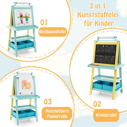 3 vienā bērnu molberts, divpusēja baltā tāfele un krīta tāfele un zīmēšanas papīrs, dzeltens un zils