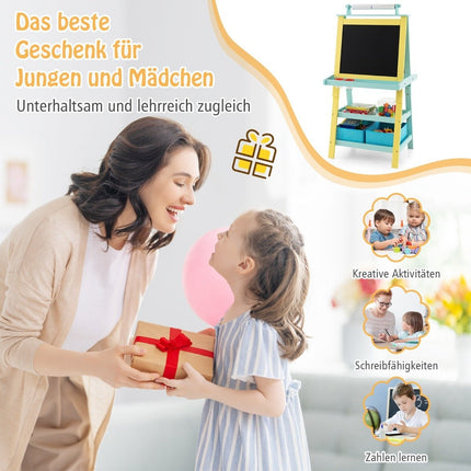 3 vienā bērnu molberts, divpusēja baltā tāfele un krīta tāfele un zīmēšanas papīrs, dzeltens un zils