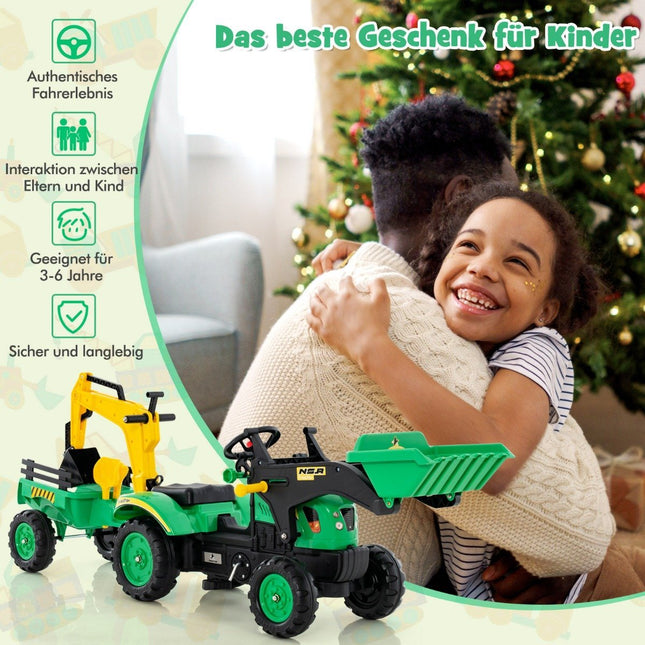 3-vienā bērnu ekskavators-buldozers ar 6 riteņiem, 178 x 42 x 60 cm, zaļš