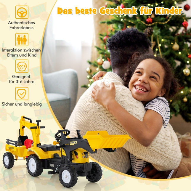 3-vienā bērnu ekskavators-buldozers ar 6 riteņiem, 178 x 42 x 60 cm, dzeltens