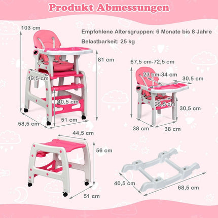 3-vienā pārveidojams bērnu barošanas krēsliņš ar paplāti, rozā