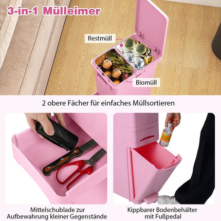 3-vienā virtuves atkritumu tvertne, rozā, 2 nodalījumi, kājas pedālis