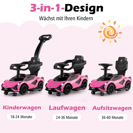 3-vienā Lamborghini braucamā automašīna ar priekšējiem lukturiem, mūziku un rozā uzglabāšanas vietu