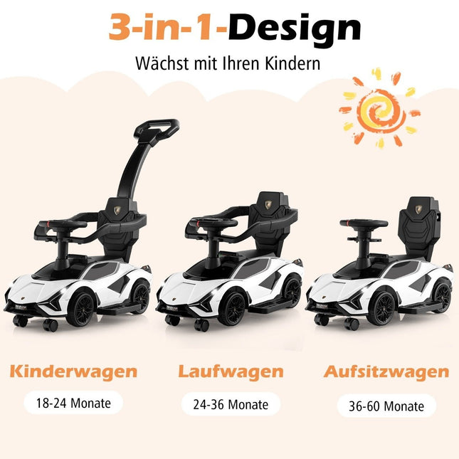 3-vienā Lamborghini braucamauto stumjamais auto ar lukturiem, mūziku un baltu uzglabāšanas vietu