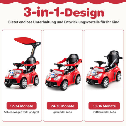 3-vienā braucamā automašīna ar stumšanas rokturi, uzglabāšana, sarkana