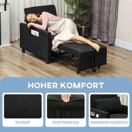 3-in-1 sofa bed, adjustable chair with wheels, black corduroy