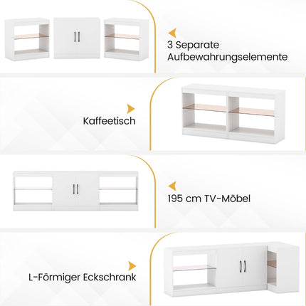 3-in-1 TV statīvs ar LED apgaismojumu, regulējamiem plauktiem, maks. 85 collas