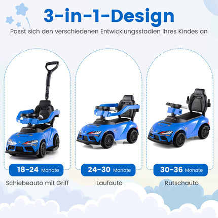 3-vienā mazuļu braucamā automašīna ar stumšanas rokturi, zila