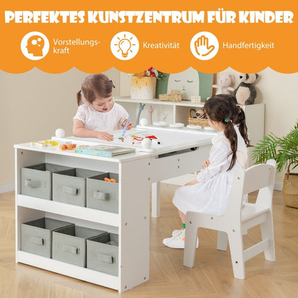 3 in 1 activity table & easel with liftable table top & 6 fabric containers & paper roll white