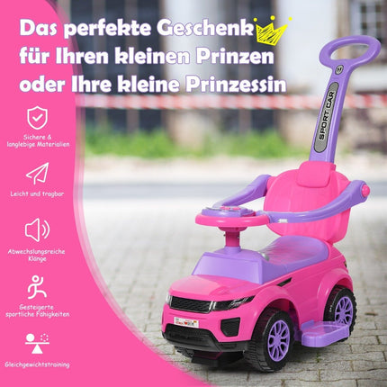3-vienā bērnu auto stumjamā mašīna ar skaņas signālu, mūzikas gaismu, 89 x 43 x 84 cm, rozā