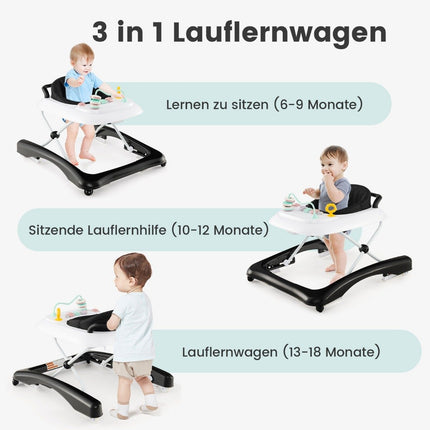 3 vienā salokāms bērnu staigulītis ar regulējamu augstumu un ātrumu, melns