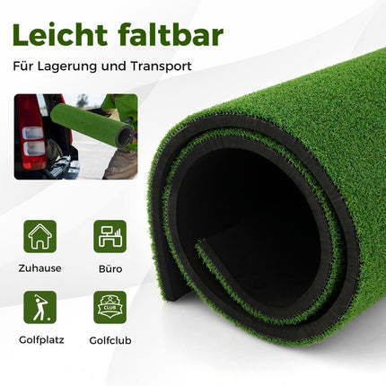 3-in-1 golf tee mat with artificial turf, 2 golf tees, 2 alignment stakes, and 6 pre-drilled tee holes, 152 x 92 cm