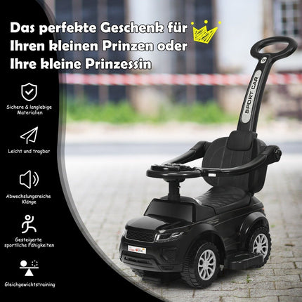 3 vienā stumjamais auto ar noņemamu stumšanas rokturi un aizsargstieni, melns