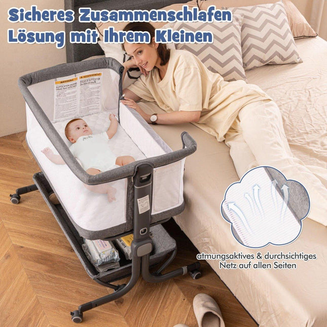 3 vienā sānu gulta ceļojumu gultiņai ar matraci, bērnu gultiņai ar 6 nodalījumiem, regulējams augstums, ar uzglabāšanas grozu, tumši pelēkā krāsā