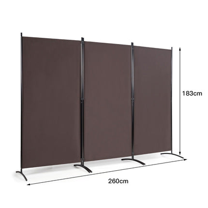 3 paneļu istabas sadalītājs ar izturīgām eņģēm un tērauda pamatni, brīvi stāvošs privātuma aizslietnis, 260 x 183 cm, kafijas krāsā