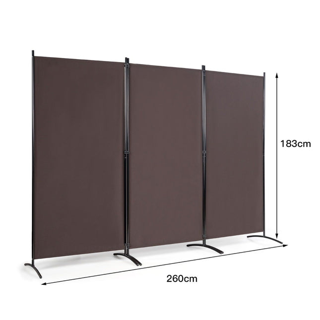 3 paneļu istabas sadalītājs ar izturīgām eņģēm un tērauda pamatni, brīvi stāvošs privātuma aizslietnis, 260 x 183 cm, kafijas krāsā