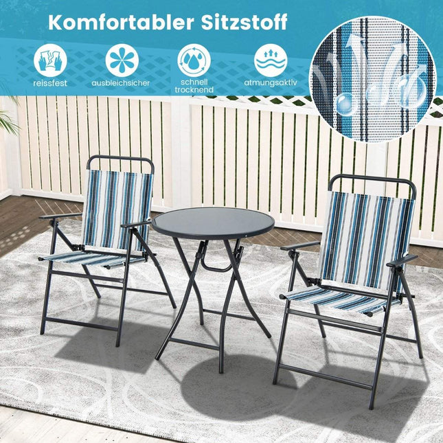 Trīsdaļīgs balkona bistro galda komplekts ar 2 saliekamiem krēsliem un sēdvietu komplektu, kas aprīkots ar izturīgu metāla rāmi.