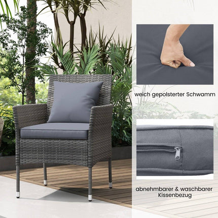 3-piece polyrattan garden furniture set with glass table and cushions. Rattan furniture seating group. Rattan garden set, grey.