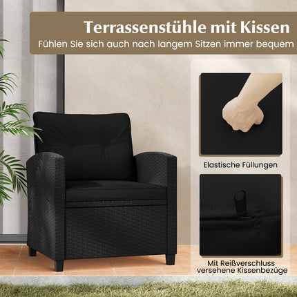 Trīsdaļīgs rotangpalmas dārza mēbeļu komplekts, ieskaitot 2 atpūtas krēslus un 1 sānu galdiņu, sēdvietu komplekts ar spilveniem, melns