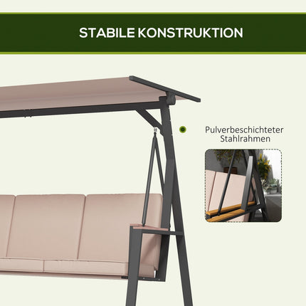 Holivudas šūpoles, trīsvietīgs šūpuļsols ar spilveniem un regulējamu jumtu līdz 300 kg, haki krāsā, 205x130x175 cm, dārzam un terasei
