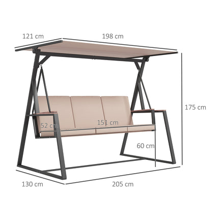Holivudas šūpoles, trīsvietīgs šūpuļsols ar spilveniem un regulējamu jumtu līdz 300 kg, haki krāsā, 205x130x175 cm, dārzam un terasei