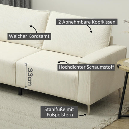 3-seater cream sofa, cord cover, spring core, 193x77x80 cm