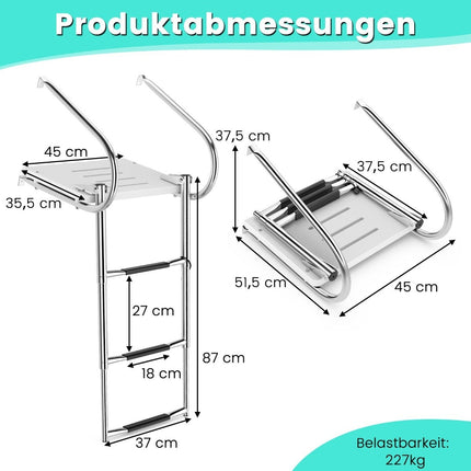 3 pakāpienu salokāmas teleskopiskas laivas kāpnes ar stikla šķiedras platformu un 2 margām 51,5 x 45 x 37,5 cm