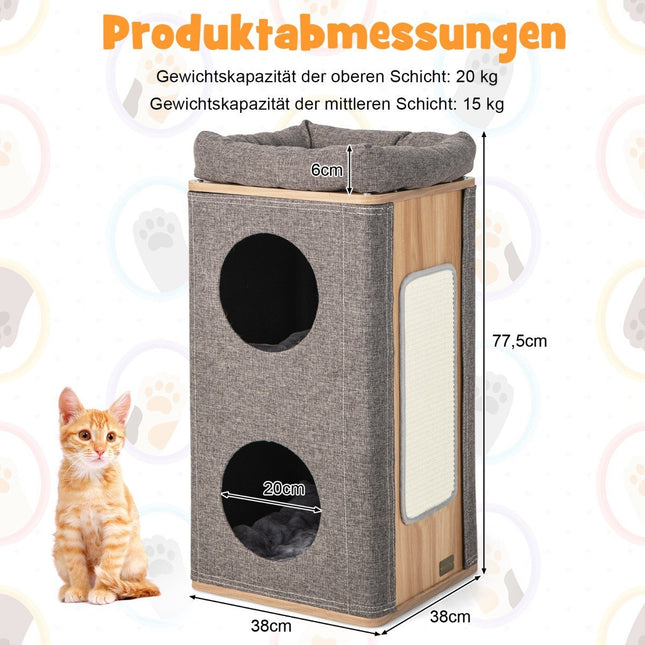 3 līmeņu kaķu ala ar skrāpējamo dēli un 3 paklājiņiem, rotaļu muca kaķiem līdz 20 kg, pelēka + dabīga