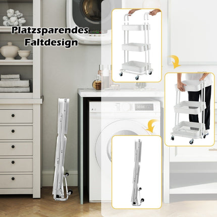 3-tier folding mobile serving trolley on wheels, metal kitchen trolley with handle, white