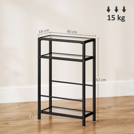 3 līmeņu plaukts ar stikla plauktiem, 18 cm plats, tērauda rāmis, šķērsstieņi, melns