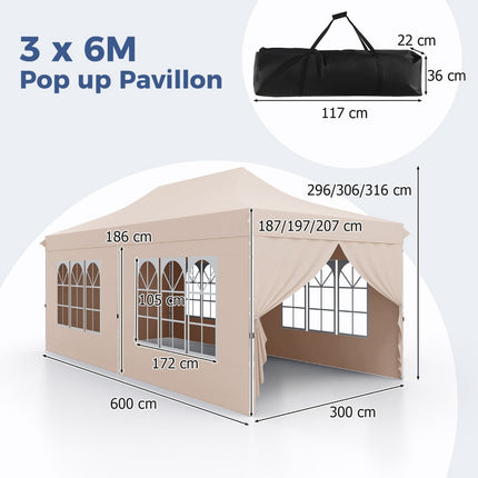 3x6m bēšs uznirstošs paviljons ar noņemamām malām
