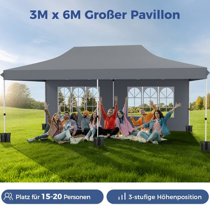 3x6m pelēka saliekamā nojume ar 6 noņemamām sienām