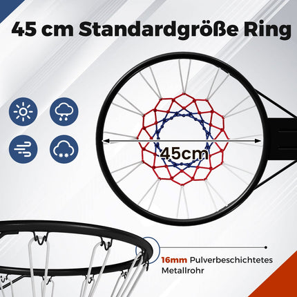 45 cm basketbola grozs ar laikapstākļiem izturīgu tīklu, stiprinājums pie sienas