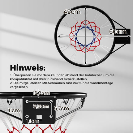 45 cm basketbola grozs ar laikapstākļiem izturīgu tīklu, stiprinājums pie sienas