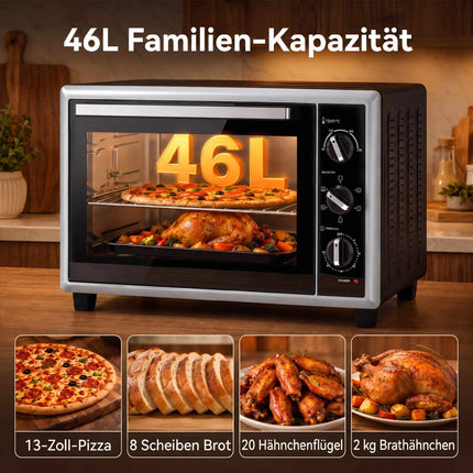 46 litru mini krāsns ar konvekciju, grilu, taimeri, melna