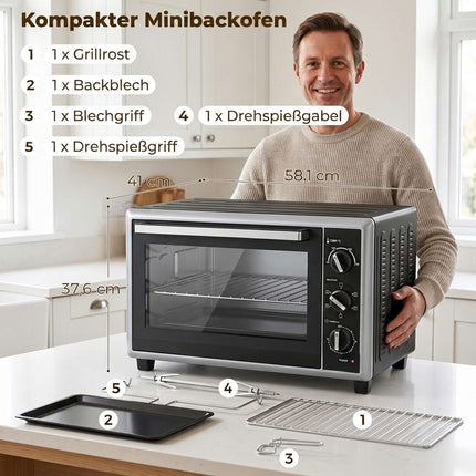 46 litru mini krāsns ar konvekciju, grilu, taimeri, melna