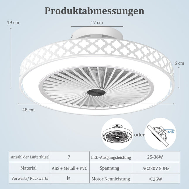 48 cm griestu ventilators ar apgaismojumu un tālvadības pulti, reversīvs, kluss līdzstrāvas motors