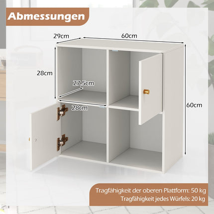 4 kubu grāmatu plaukts ar drošības komplektu un 2 durvīm, balts