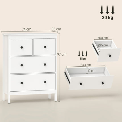 Kumode ar 4 atvilktnēm drēbēm un veļai, balta MDF