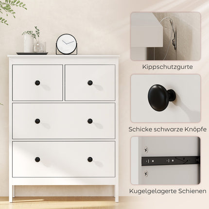 Kumode ar 4 atvilktnēm drēbēm un veļai, balta MDF