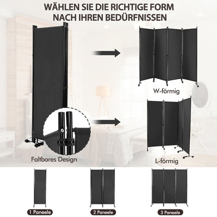 4 paneļu istabas aizslietnis ar riteņiem, 225x173 cm, pelēks