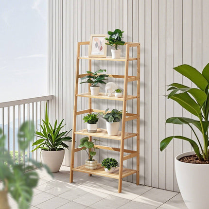 4-Tier Bamboo Ladder Shelf, Freestanding Open Bookcase