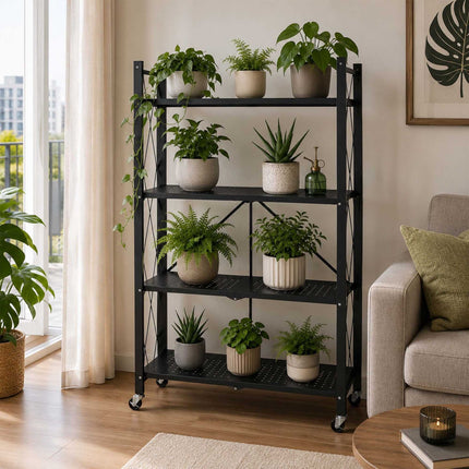 4-Tier Folding Steel Shelving Unit with Castors and Brakes, Black, 125 cm