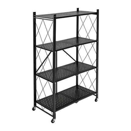 4-Tier Folding Steel Shelving Unit with Castors and Brakes, Black, 125 cm