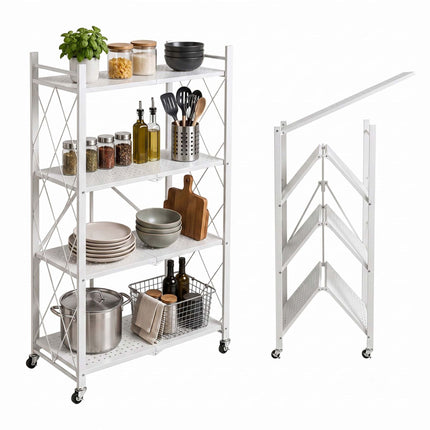 4-Tier Folding Steel Shelving Unit with Castors and Brakes, White, 125 cm