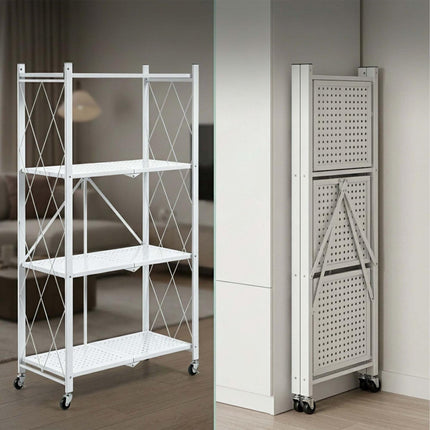4-Tier Folding Steel Shelving Unit with Castors and Brakes, White, 125 cm